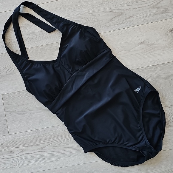Speedo One Piece Halter Ruched Swimsuit, Size 16 - Picture 2 of 16